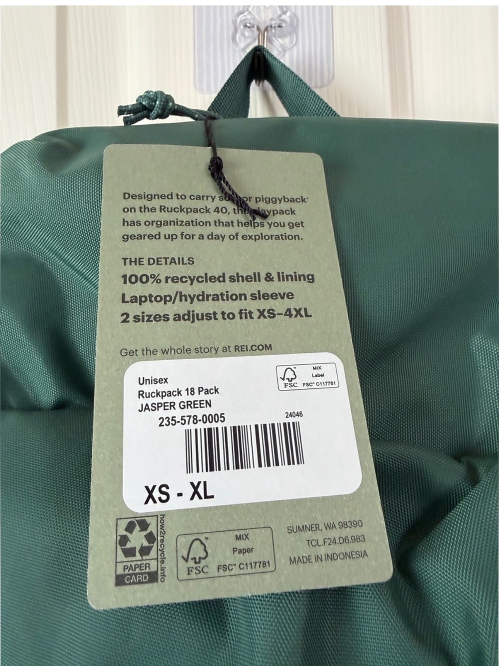 REI Rucksack 18L Daypack in Jasper Green NWT - Picture 2 of 6